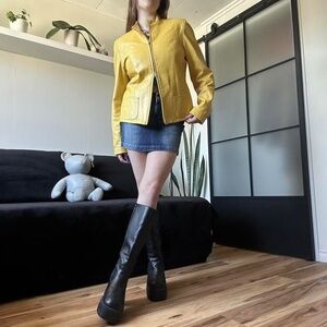 Vtg 1990s Rare Yellow Genuine Leather Double Zip Jacket - Crop Fit
